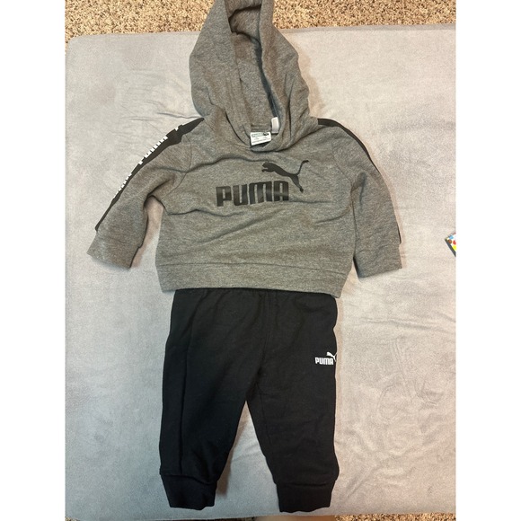 Puma Infant Tracksuit‎ Set Hoodie & Pants Logo Gray Black 3-6M - Picture 2 of 8